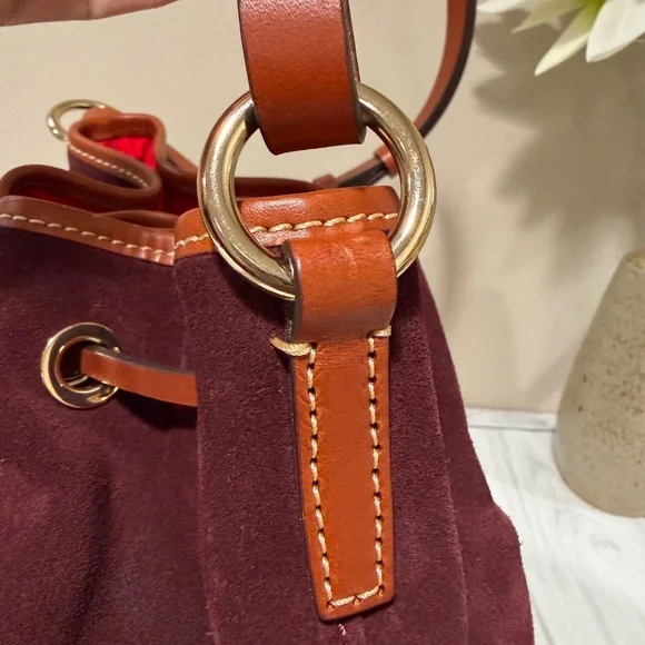 Dooney & Bourke Burgundy Suede Leather Drawstring Bucket Shoulder Bag - Picture 5 of 13